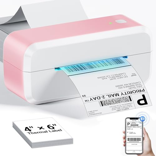 Bluetooth Shipping Label Printer, 4x6 Thermal Label Printer for Shipping Packages & Small Business, Compatible with IOS, Android, Windows and Mac, Widely Used for Ebay, Shopify, Amazon, Etsy (Pink)