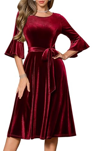 Homrain Damvintageklänningar, bellarm, cocktailklänningar för bröllopsgäst, långärmad, midiklänning för kyrka, aftonklänning, Sammet-mörkröd, 3XL