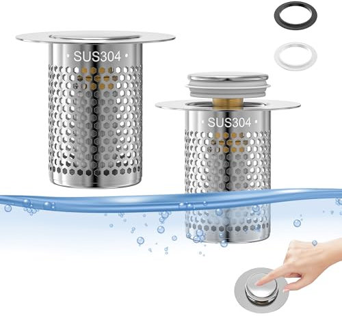 2 PCS Waschbeckenstöpsel Pop Up Edelstahl, Bodenablauf Filter aus Edelstahl, Pop up Abflussstopfen Waschbecken, Pop Up Ablaufventil mit Sieb, 304 Edelstahl Pop Up Abflusssieb für Küchen, Balkon, Bad