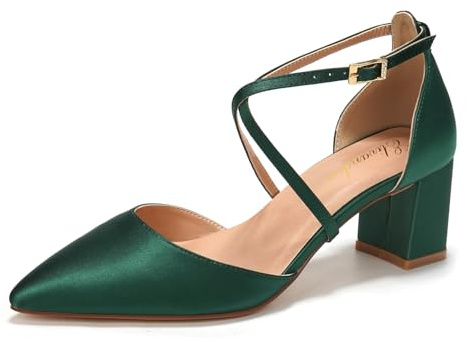 Elivandon J1586 Mujer Satén Punta Puntiaguda Tacón Medio 6cm Sandalias Noche Tacón Ancho Nupcial Boda Zapatos Tira Larga Color Verde Oscuro,Tamaño 38 EU