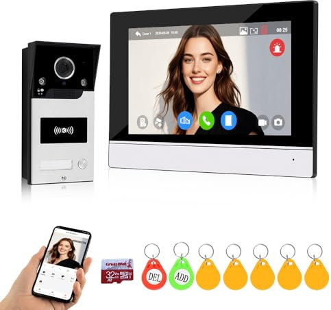 QTTYELOK Tuya WiFi Video Intercomunicación Sistema de Timbre de 7 Pulgadas Pantalla Táctil de Color Interfonos Cámara 1080P, Visión Nocturna IR, Tarjeta RFID App Desbloqueada a Distancia