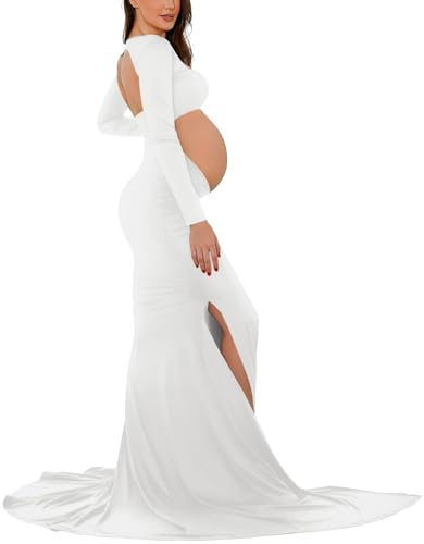 Bhome Maternity Dress for Photoshoot Cut-Out Backless Side Split Maternity Maxi Gown for Photoshoot, White, S