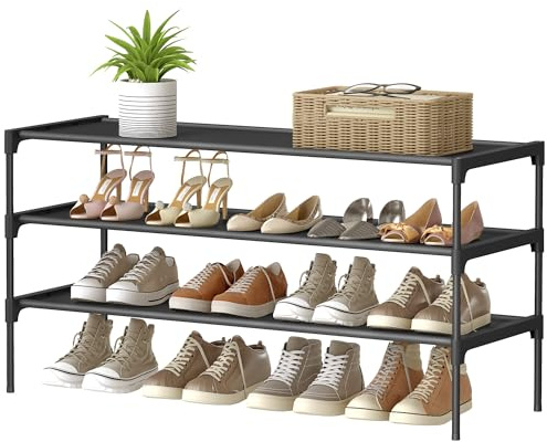 SONGMICS 3-Tier Shoe Rack, Shoe Storage Organiser, Hallway, Space-Saving, 29.7 x 91.8 x 53.5 cm, Metal Frame, Non-Woven Fabric Shelves, Ink Black LSH033BH01