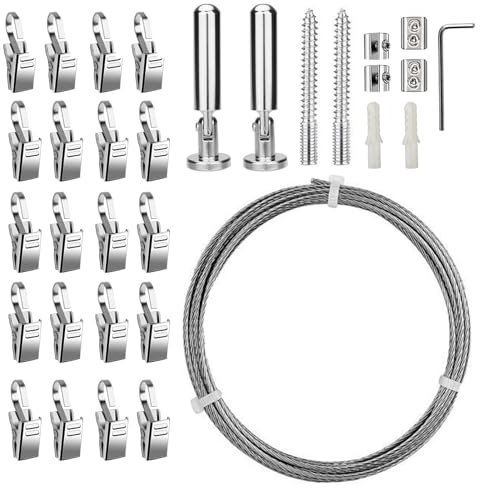 5M Stainless Steel Wire Rope Kit with 20 Metal Clips, Heavy Duty Resistant Clothesline, Wall Mount Curtain Drape Rod, Art Display Hanging Cable for Photo, Outdoor String Lights,Fence,Tent,DIY Projects