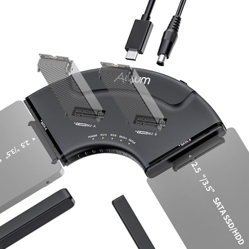 Alxum USB 3.0 till M.2/SATA-adapter – 4-bays dubbla PCIe NVMe USB C 10 Gbps hårddiskläsare för M.2 SSD 2230–2280 och 2,5/3,5 tums SATA SSD – Kompatibel med Windows/Mac OS/iPadOS/iOS/Linux och Android