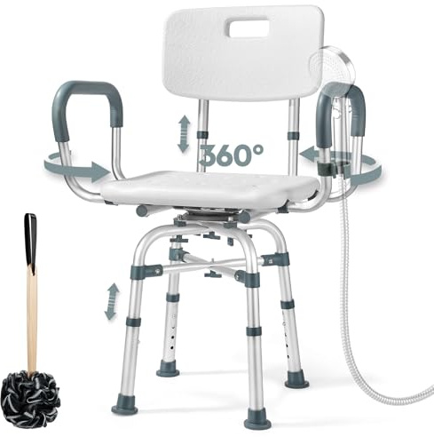 CetralRole Swivel Shower Chair for Inside Shower with Arms and Back 500 lbs Heavy Duty Rotating Shower Seat for Bathtub Fully Adjustable Safety Bath Chair for Elderly Adults Disabled and Bariatric
