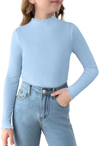 Arshiner Camisa De Manga Larga para Niña Suéter De Cuello Alto Azul Suéter De Punto Blusas Básicas con Volantes Camiseta Interior De Invierno para Niños 160/11-12 Años