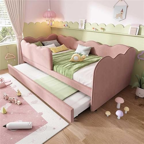 RIAZOS Upholstered Bed Daybed 90 x 190 cm, 3FT Single Bed with Pull out Trundle, Sofa Bed For Adults and Children, Single Daybed With Slatted Frame, Linen, No Mattress (Pink)