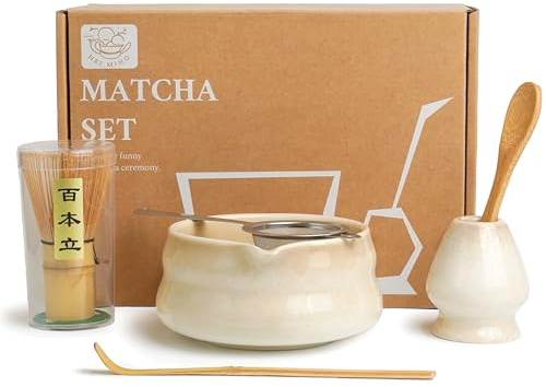 HEI MING Premium 6-delat matcha-set - exklusivt matcha-te-set med bambuchasen, rosa keramisk skål, sil, sked och tillbehör, original matcha-present