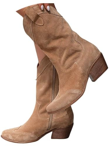 Générique Bottes Cowboy Femme,Bottes Western Mi-Mollet Western pour Femme avec Talon Haut,Bottines D'Équitation à Talon Bloc Bottines Basses en Daim Pointu Mi-Longues Bchaussures D'Équitation Vintage