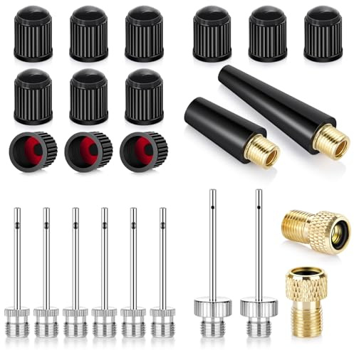 Ball Pump Needles, Unbreakable Air Pump Needles Compatible with Hand and Electric Pump, Sports Ball Air Pump Needles, Tire Valve Caps, Presta to Schrader Valve Adapters, Balloon Inflation Nozzles Kit
