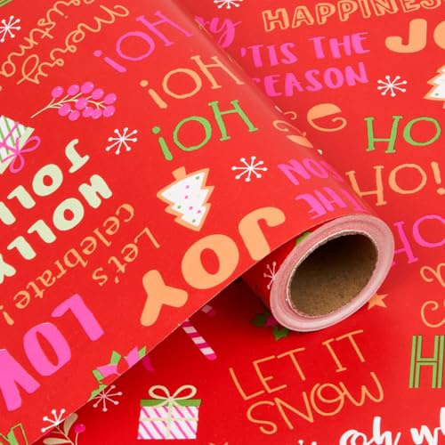 Rollo de Papel de Regalo Rojo - Papel de Regalo Navideño Reciclable con Estampado de Letras para Navidad, Cumpleaños y Bodas - 43 cm x 10 m