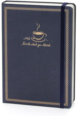 WETLOTE Cuaderno Rayado A5 con Tapa Dura, Papel 80 g/m², 208 Páginas, Cubierta Azul con Taza de Café Dorada, Cierre Elástico y Bolsillo (14 x 21 cm)