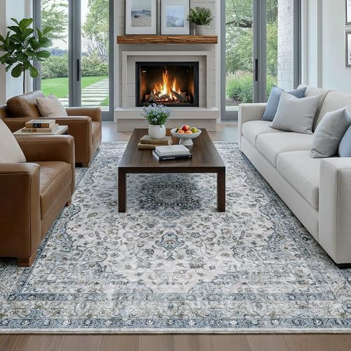 FMFUNCTEX 8x10 Blue Washable Area Rug Vintage Distressed Oriental Non Slip Low Pile Neutral Indoor Carpet for Living Room Bedroom Soft Retro Medallion Thin Large Rug for Dining Nursery Office Dorm