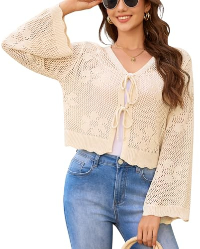 YUURQTY Boléro pour femme - Cardigan léger - Manches 3/4 - Cravate à l'avant - Court - Crochet - Veste boléro festive pour robe