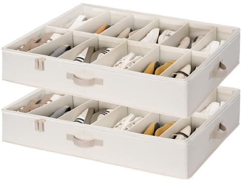 StorageWorks Underbed Shoe Organiser for Closet, Fits up to 24 Pairs, Ultra-thick Fabric Under-Bed Shoe Storage Containers with Bottom Support and Adjustable Dividers, Ivory White, 2-Pack