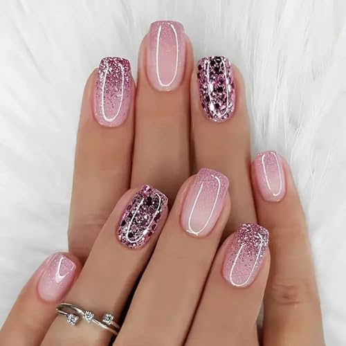 24PCS Short Square False Nails, Glitter Purple Pink French Tip False Nails, Removable Press on Nails Short in 12 Sizes, Full Cover Ballerina Acrylic Nails for Women Girls