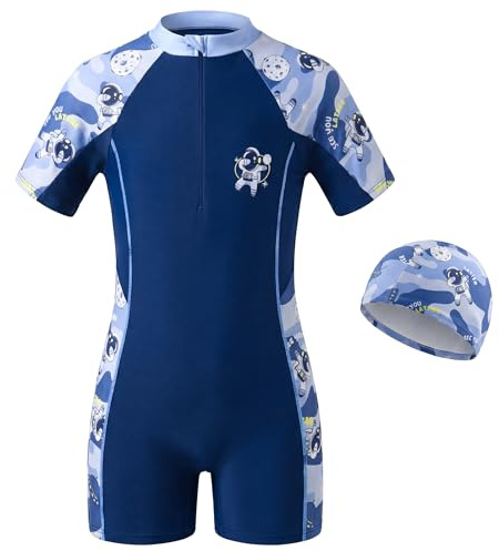 Tokeya Maillot de Bain Fille et Garçon Une Pièce Manches Courtes 4-10 Ans | Enfants Combinaison de Natation, avec Bonnet, Fermeture Éclair, Séchage Rapide Costume de Bain, Plage Piscine Surf Plongée