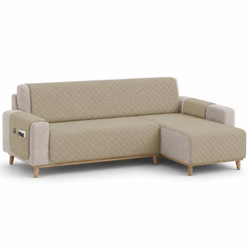 MANEMI Funda de Sofá Chaise Longue Acolchada Impermeable con Bolsillo Lateral y Correas Ajustables, Protector Antideslizante Lavable a Máquina, Cubresofá Reversible para Sofás en L Derecho 280cm