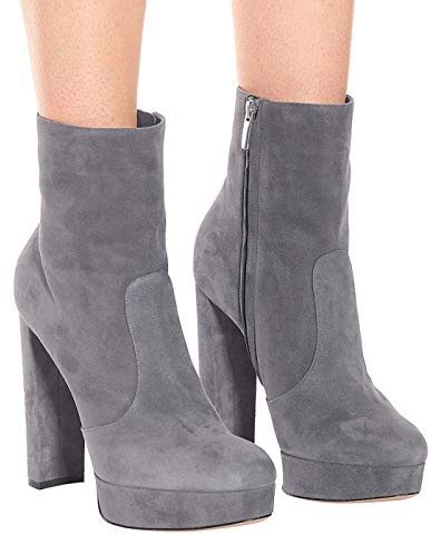TIKENBST Talon Aiguille Talons Hauts Chaussures en Daim Bout Rond Talon Bottier Gris Bottines Plates-Formes Noires,Grey-39