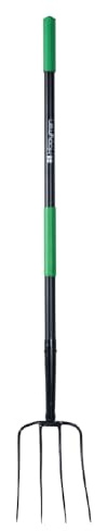 Hooyman 4-Tine Pitch Fork with Heavy Duty Forged Construction, Ergonomic No-Slip H-Grip Handles, and Fiberglass Core for Gardening, Land Management, Yardwork, Farming, and Outdoors Small