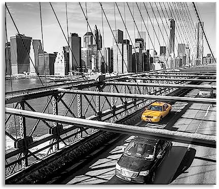 Gelbes Taxi in New York auf Brücke Herdabdeckplatte & Spritzschutz aus Echtglas | Für Herd-Kochfelder | 60x52 cm