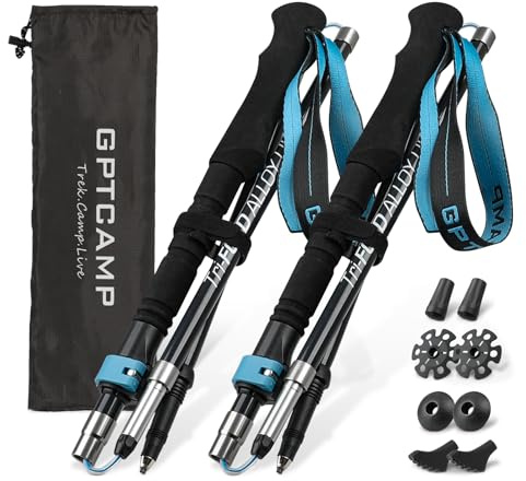 GPTCAMP Walking Sticks Collapsible Hiking Poles,Lightweight Trekking Poles Made of Carbon -Aluminum,2pc Folding Halking Stick for Men & Women,with Extra-Long Foam Handle and Flip Lock,Blue