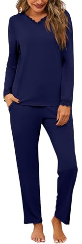 Litherday Pijama Mujer Invierno Algodón Suave Ropa de Dormir Manga Larga con Cuello en V Encaje Elegante y Pantalón Largo Conjunto de Dos Piezas Azul Marino S