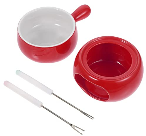 Luxshiny Pentola per Fonduta in Ceramica da Cucina per Sciogliere Burro e Formaggio Fornello Riscaldante, Set Base Rossa e Forchette, per Tapas e Dessert