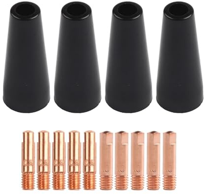 FUBESK Flux Core Kit d'embouts de buse sans gaz pour chalumeaux de soudage MIG 14AK et 15AK, pointes de contact de 09 mm et 10 mm, 4 buses et 10 embouts en cuivre