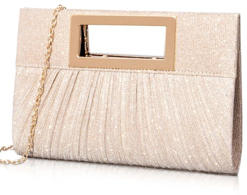Larcenciel Bolso Clutch Mujer Champán, Bolsos de Fiesta de Plisado con Asa Superior y Cadena, Mujer Bandolera de Moda con Lentejuelas, Cartera de Mano Elegantes para Fiesta Boda Ceremonia, 24x4x17CM