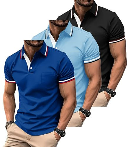 ZITY Lot de 3 Polo pour Homme Polo de Golf Manches Courtes Léger T Shirt pour Les Vacances Travail avec Boutons Printemps été Chemise Respirant