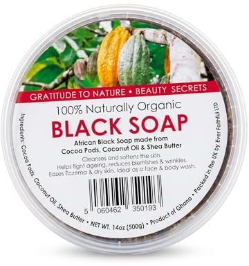 100% Organic African Black Soap 500g Handmade Ghana, Raw Unrefined Shea Butter Cocoa Pod Ash Virgin Coconut Oil, SLS Free Face Body Wash for Sensitive Skin Acne Eczema Psoriasis Dark Spot Clean