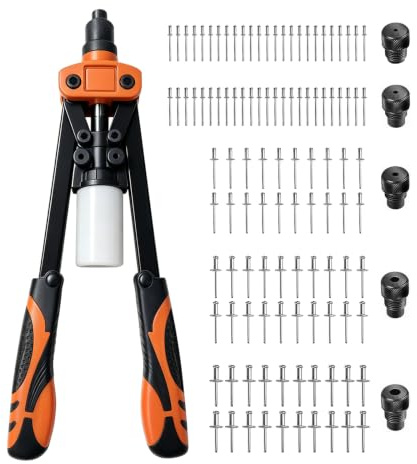 RMNKTHC Set Pinzatrice per Rivetti da 13 con 110 Rivetti per Rivettatrice Cieca da 6,4 mm-2,4 mm, 5 Bocchini Intercambiabili, Rivettatrice Manuale per Auto, Lavori in Metallo, Mobili, Strumenti