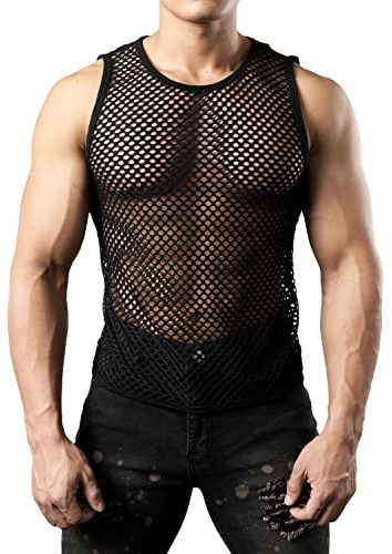 JOGAL Men's Mesh Fishnet Fitted Muscle Top Small Black UK-WG01