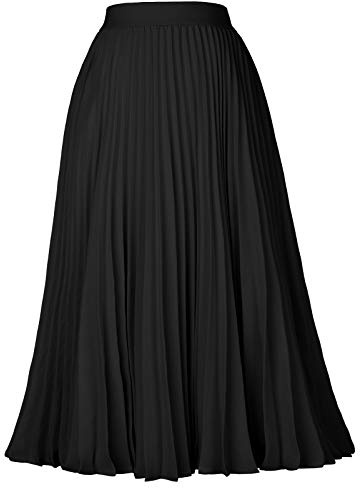 Kate Kasin Women's High Waist A-line Skirt Pleated Midi Skirt Black L KK659-3