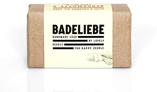 BADELIEBE Hartes Seifenstück mit Bergamotte, Ingwer, Oliven- & Kokosnuss-Oil - 115 g vegane Hartseife als Seifenbasis für Hände, Gesicht & Körper - Frei von Palmöl und Tierversuchen