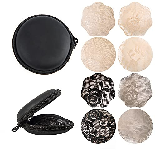 XJSGS Nipple Covers, Nipple Pasties Invisible,Silicone Nipple Cover Reusable Adhesive Nipple Stickers(Black-nude-lace 4 Pairs)