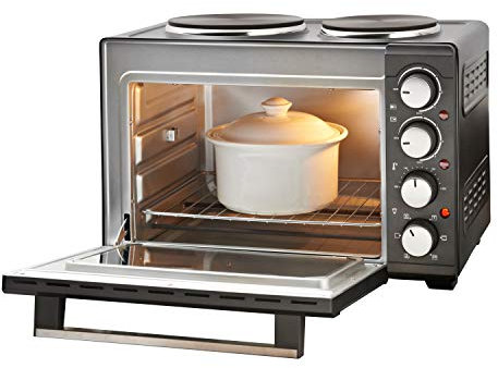 Quest 35379 26L Twin Hob Countertop Rotisserie and Convection Mini Oven/Adjustable Temperature/Accessories Included / 60 Mins Timer & Auto Shut Off with Bell