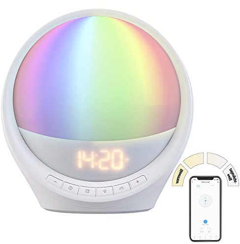 auvisio Sonnenaufgangwecker: WLAN-Lichtwecker, Sonnenaufgang, CCT-LEDs und 7 Farben, App, 400 lm (Kinderwecker, Wecker Licht, Stimmungslicht)