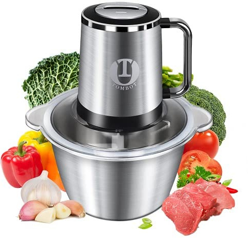 Meat Grinder Food Processor Chopper Electric Small with Safety Handle, TOMBOT 8-Cup Mini Blender for Meat Vegetables Fruits Nuts Puree with Spatula & 4 Sharp Blades, 1.8L Stainless Steel Bowl,2 Speeds