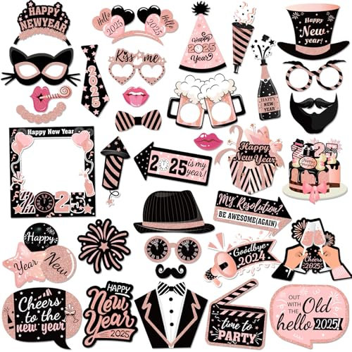DPKOW 2025 Silvester Photo Booth Props Kit, 36 Stück Schwarz Rosa Fotorequisiten für 2025 Neujahr Foto Accessoires 2025 Silvester Fotoautomat Zubehör, 2025 Neujahr Party Fotobox Gastgeschenke