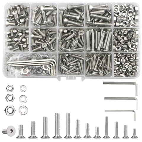 747 Stück Schrauben Muttern Set(M3/M4/M5) Metrische Maschinenschrauben Sortiment,Innensechskantkopf Edelstahl Gewindeschrauben Mit Unterlegscheiben(8/10/12/14/16/18/20/25mm)(Silber)
