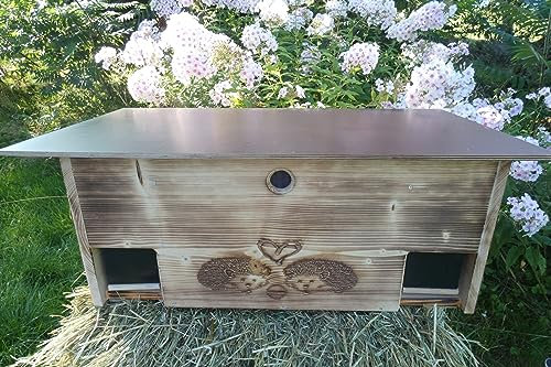 Igelfutterhaus 80cm x 40cm x 32cm Igelhotel 18mm Vollholz Witterungsbeständig Labyrintheingang easytouch-Rattenklappe ohne Boden (Edel geflammt, Ohne Fenster, ohne Boden)