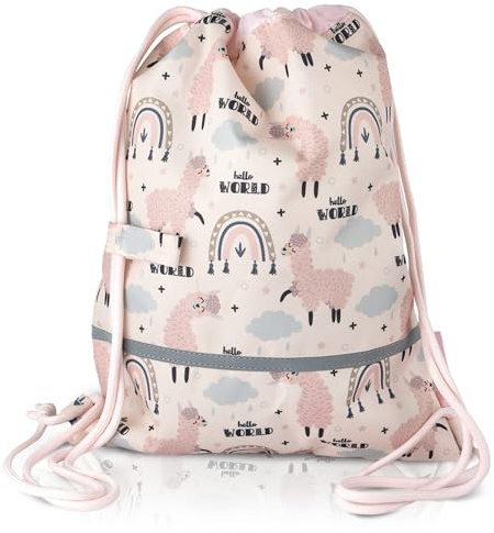 TA Trend Atelier Bolsa de gimnasia infantil en poliéster reciclado – repelente al agua, sin PFC, con tiras reflectantes y correa de pecho (Llama-Rosa)