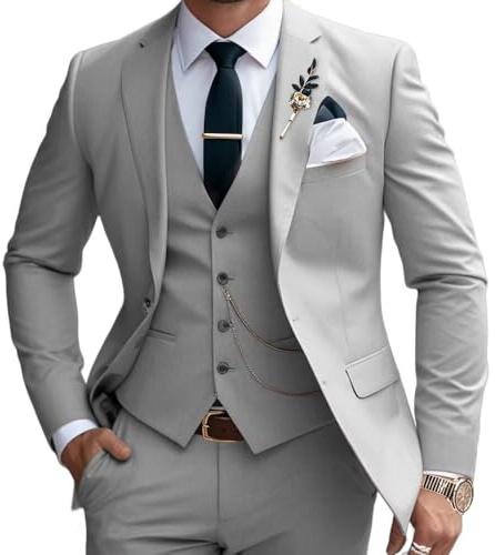 Lanshion Mens Suits Slim Fit 3 Piece Business Wedding Tuxedo Jacket Vest Pants Suit Set, Grey, XXL