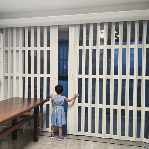 PVC Folding Door Sliding Door Indoor Open Kitchen, White PVC Plastic Internal Accordion Doors Oak Effect, Clear Acrylic Panel, Double Doors Over 1.7m(64x80in(163x203cm))