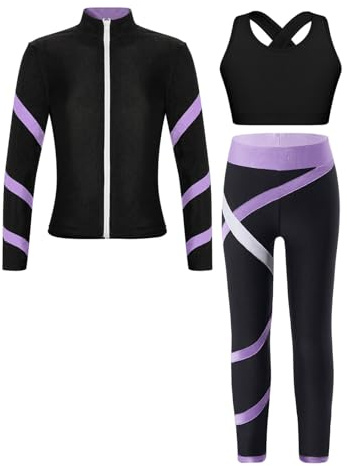 Yihuimin Ensemble Survetement Fille Enfant Crop Top Danse + Legging de Sport Gymnastique Jogging Manteau Manche Longue 5-16 Ans Noir Lavande 11-12 ans