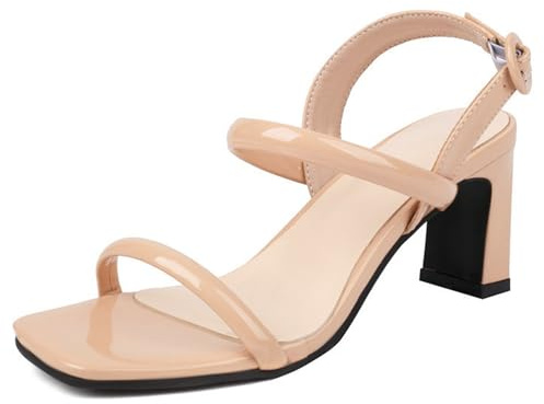 Gueploer Sandalias Clásicas De Tacón para Mujer, con Punta Abierta Tiras Y Tacón Grueso con Hebilla En El Tobillo para Fiestas Diarias,Nude,34 EU