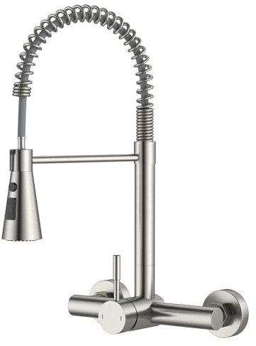 DAYONE Rubinetto da cucina a parete con doccetta abbassabile, miscelatore ad alta pressione in acciaio inox con 3 tipi di getto, girevole a 360°, per montaggio a parete (distanza tra fori 15 cm